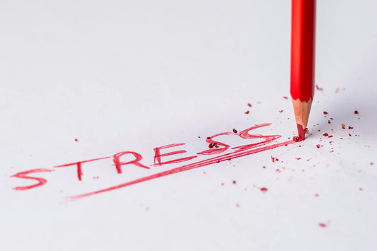 Ein Stift schreibt das Wort Stress auf Papier