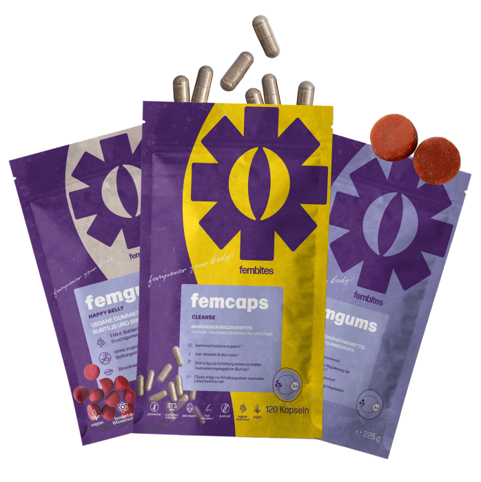 fembites RESET BOX femcaps CLEANSE femgums HAPPY BELLY femgums ZYKLUS BALANCE Hormonbalance Darmgesundheit Zyklus vegan