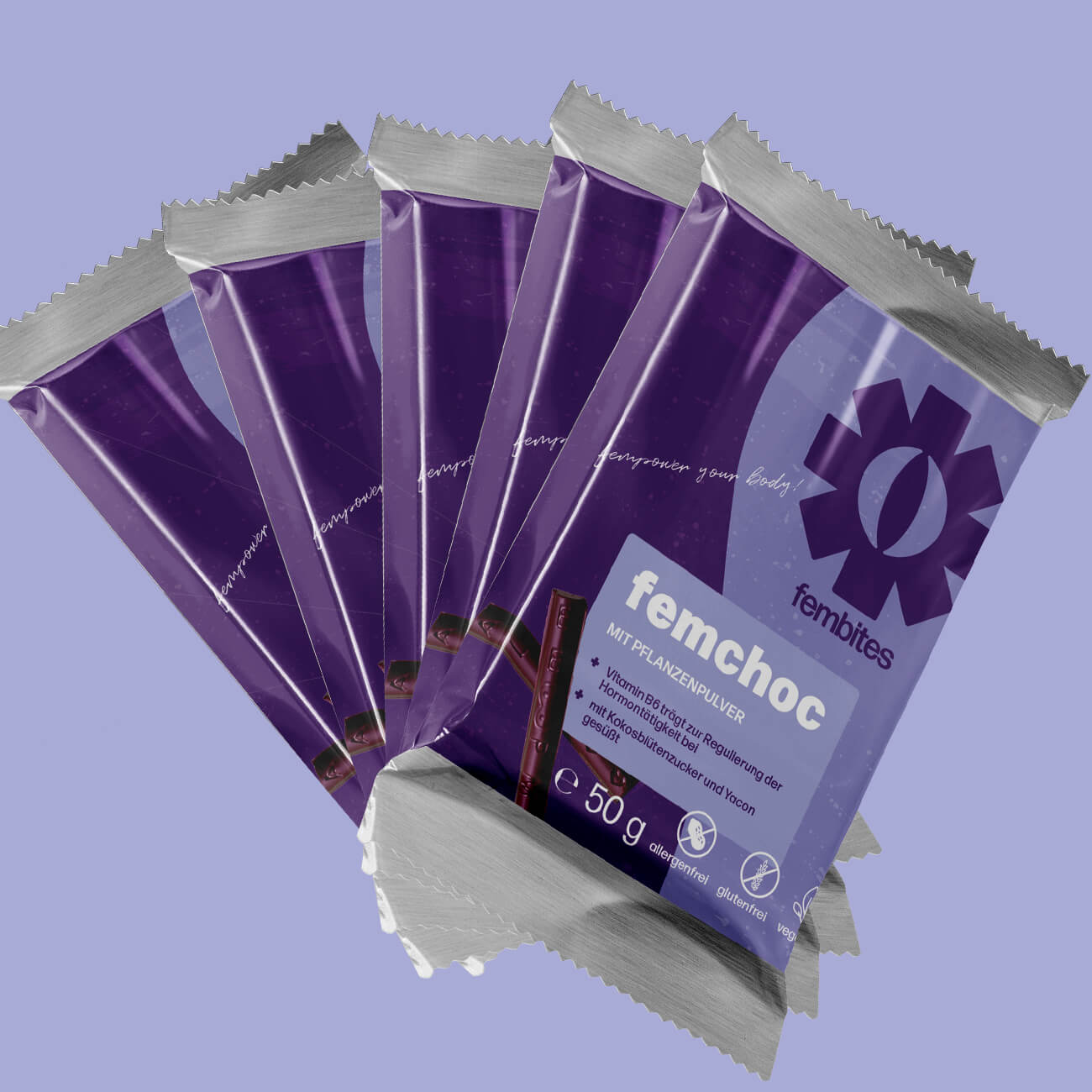 femchoc vegane Schokolade mit Vitamin B6, Kokosblütenzucker und Himbeerpulver zur Hormonregulierung