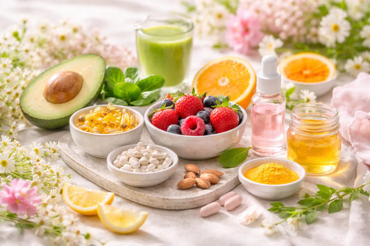 Natürliche Nährstoffe für strahlende Haut: Avocado, Beeren, Omega-3, Vitamin C und pflanzliche Inhaltsstoffe in heller, minimalistischer Komposition