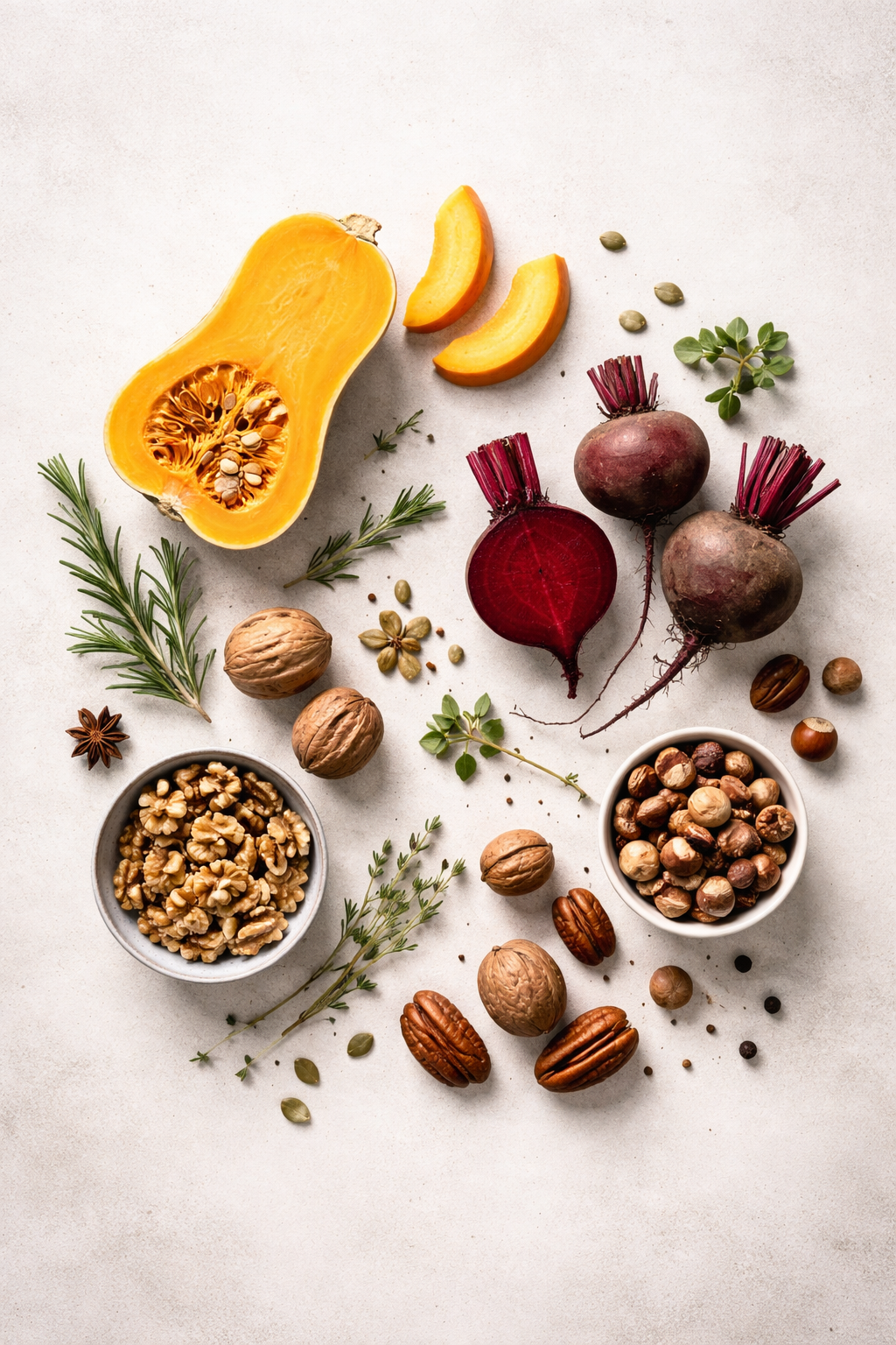 Arrangements from seasonal winter ingredients—pumpkin, beets, nuts and seeds on a neutral minimalist background.