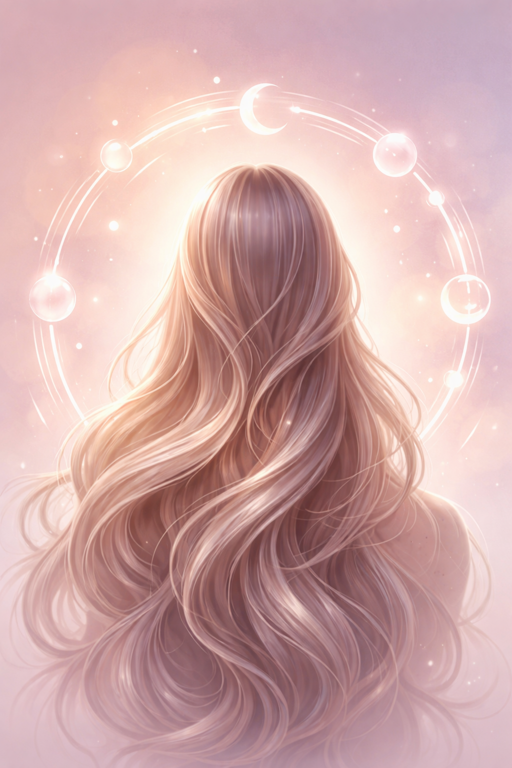 Ein abstraktes, farbenfrohes Bild zeigt lange Haare und geschwungene Linien um einen weiblichen Kopf von hinten. Die Linien symbolisieren den weiblichen Zyklus und Hormonschwankungen, die Haarausfall beeinflussen können. 
