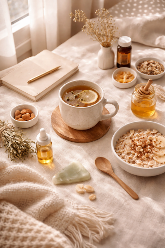 Minimalistisches Wellness-Stillleben in warmen Naturtönen mit Kräutertee, warmem Frühstück und natürlichen Elementen – symbolisch für hormonfreundliche Routinen, Balance und einen achtsamen Start ins neue Jahr.