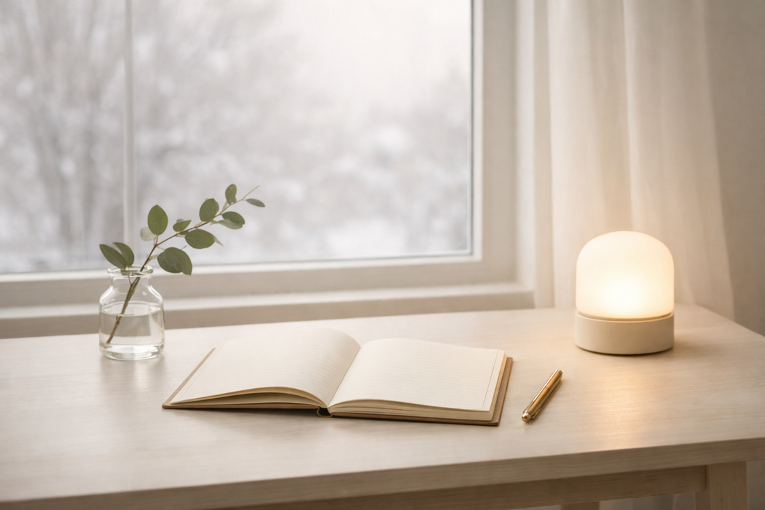 Minimalistische Szene im Home‑Office mit Tageslichtlampe, Journal und Pflanze – symbolisiert ruhige Selbstfürsorge im Januar und emotionale Balance.