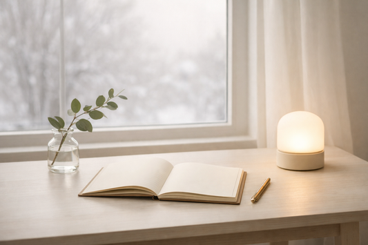 Minimalistische Szene im Home‑Office mit Tageslichtlampe, Journal und Pflanze – symbolisiert ruhige Selbstfürsorge im Januar und emotionale Balance.