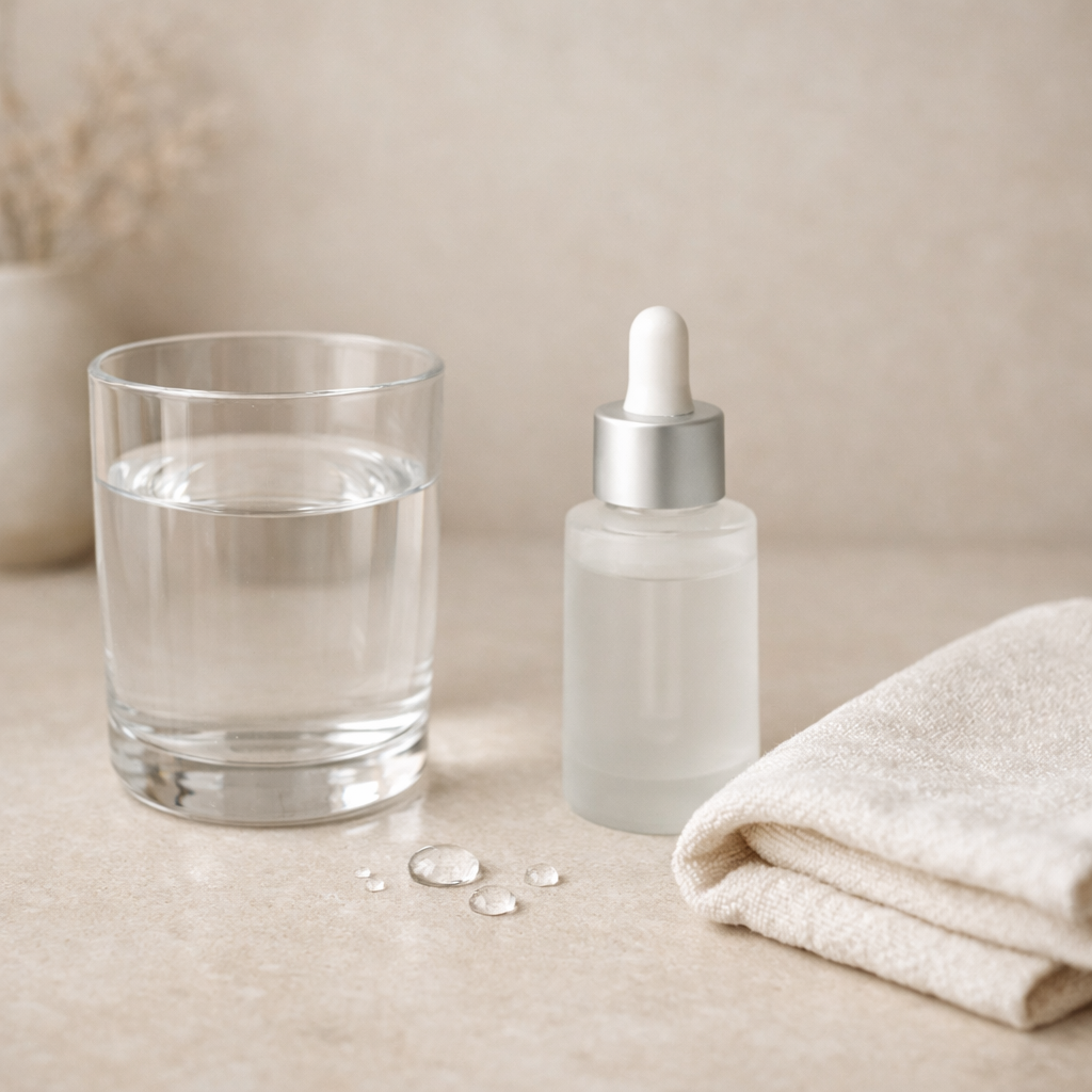 Minimalistisches Badezimmer-Stillleben: klare Wasserflasche, Serumglas symbolisieren Feuchtigkeit