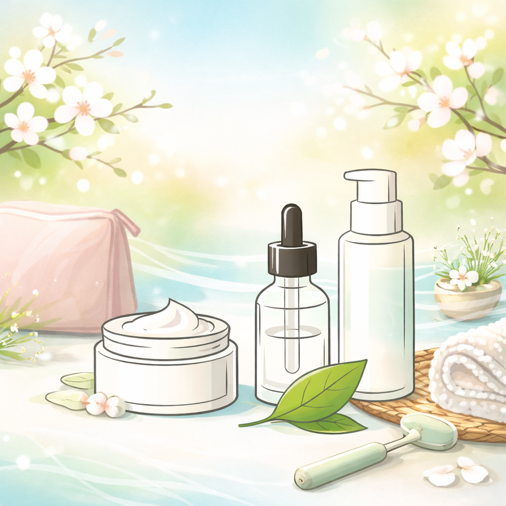 Stilisiertes Bild von Hautpflege-Produkten, die von frischen Blättern und blühenden Zweigen umgeben sind – symbolisiert die frühlingshafte Erneuerung der Skincare-Routine. Keine Schriftzeichen oder Gesichter sichtbar.