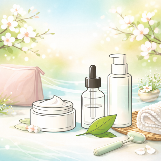Stilisiertes Bild von Hautpflege-Produkten, die von frischen Blättern und blühenden Zweigen umgeben sind – symbolisiert die frühlingshafte Erneuerung der Skincare-Routine. Keine Schriftzeichen oder Gesichter sichtbar.