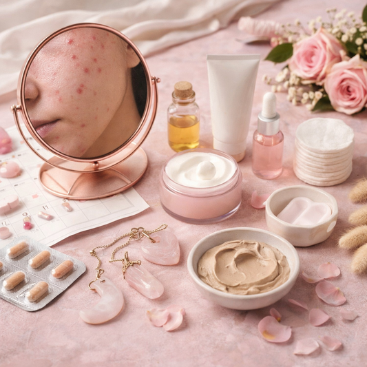Ästhetisches, minimalistisches Stillleben in sanften Rosé- und Naturtönen mit Skincare-Elementen und zyklusbezogenen Symbolen