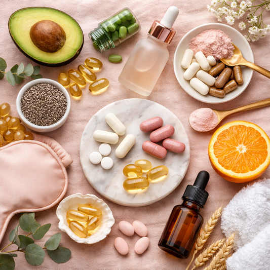 Minimalistisches Flatlay mit ausgewählten Supplements, pflanzlichen Lebensmitteln und Skincare-Elementen in sanften Naturtönen – Symbol für bewusste Ernährung und Hautpflege.