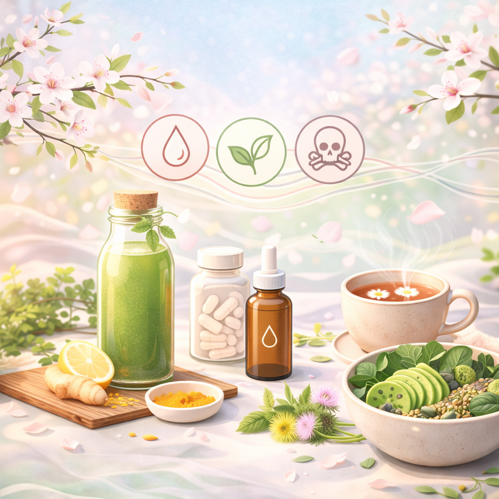 Minimalistische Illustration mit stilisierten Kräutern, Wasser und sanften Linien – symbolisch für sanfte Hormonunterstützung und Detox im Einklang mit dem Körper.