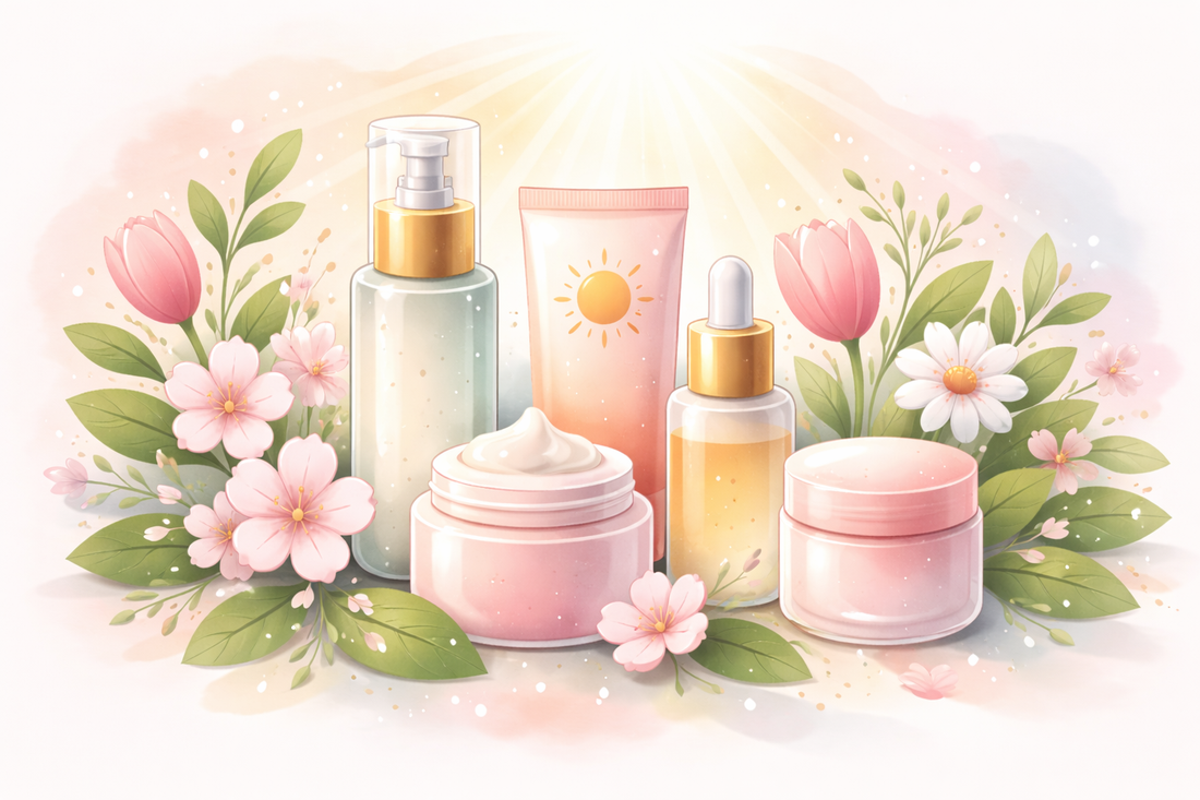 Eine stilisierte Illustration zeigt verschiedene Hautpflegeprodukte wie Cremes und Seren, umgeben von Frühlingsblumen und zarten Blättern. Sonnenstrahlen deuten den Frühlingsanfang an, das Bild wirkt frisch und leicht.