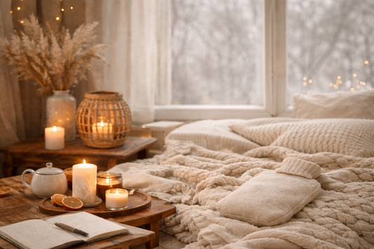 Ruhige Winter-Selfcare-Szene ohne Personen: warme Decken, Kerzenlicht, Tee, Notizbuch und Wärmflasche in einem hellen Raum. Atmosphäre der Entschleunigung zwischen den Jahren.