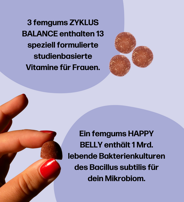 fembites für Frauen femgums ZYKLUS BALANCE Vitamine, femgums HAPPY BELLY Bakterienkulturen