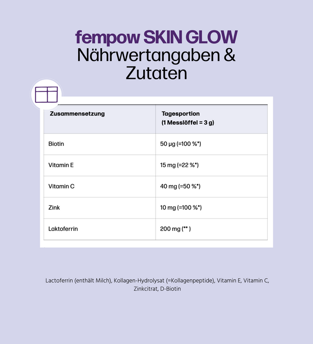 fembites fempow SKIN GLOW Nahrungsergänzungsmittel gegen Akne mit Kollagen, Lactoferrin, Biotin, Vitamin E, Vitamin C und Zink