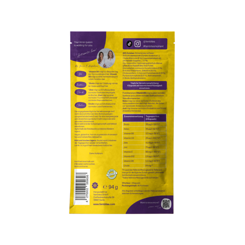 fembites femcaps CLEANSE Nahrungsergänzung bei hormonellem Haarausfall und Akne mit Frauenmantelextrakt, Vitaminen, Zink und Cholin