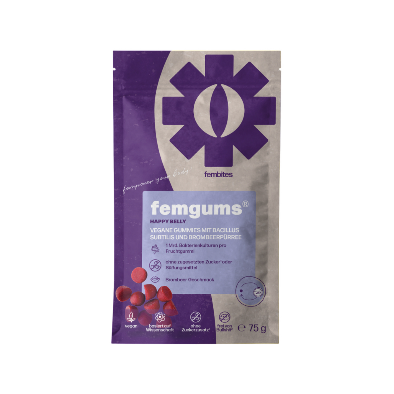 fembites femgums HAPPY BELLY Nahrungsergänzung Fruchtgummis vegan, ohne zugesetzten Zucker, mit Bakterienkulturen für die Darmflora 