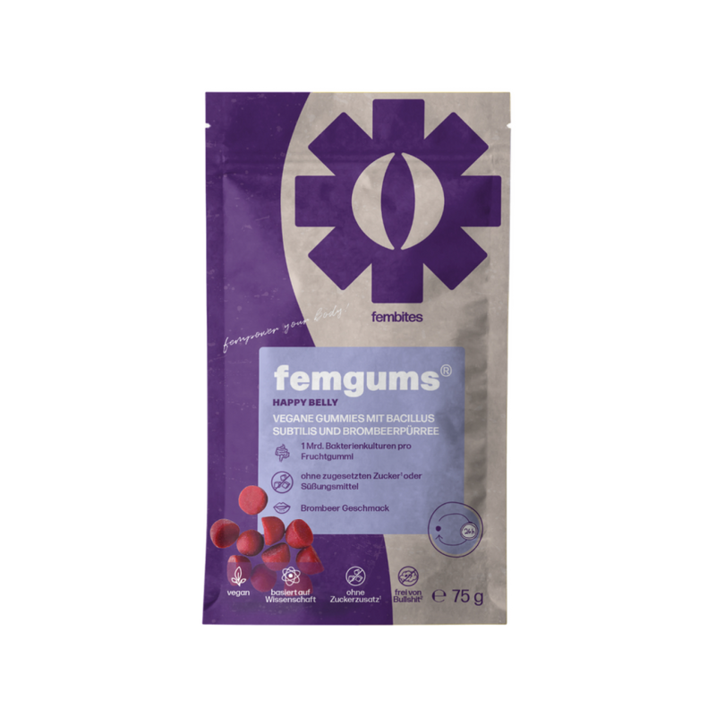 fembites femgums HAPPY BELLY Nahrungsergänzung Fruchtgummis vegan, ohne zugesetzten Zucker, mit Bakterienkulturen für die Darmflora 