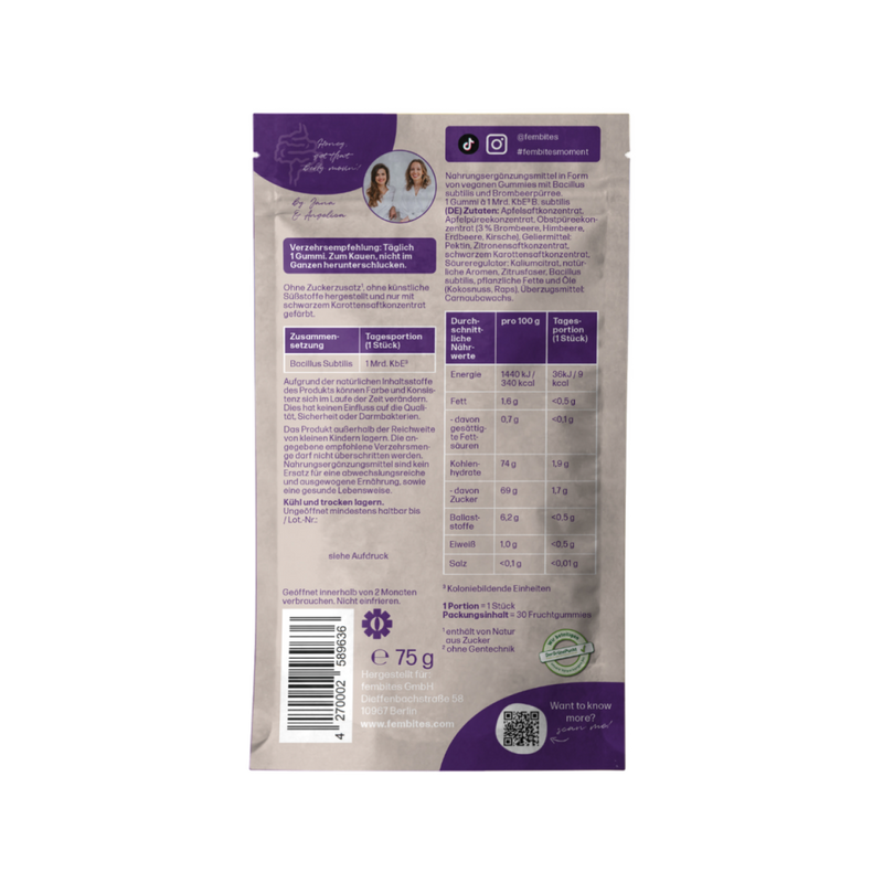 fembites femgums HAPPY BELLY Nahrungsergänzung Fruchtgummis vegan, ohne zugesetzten Zucker, mit Bakterienkulturen für die Darmflora 