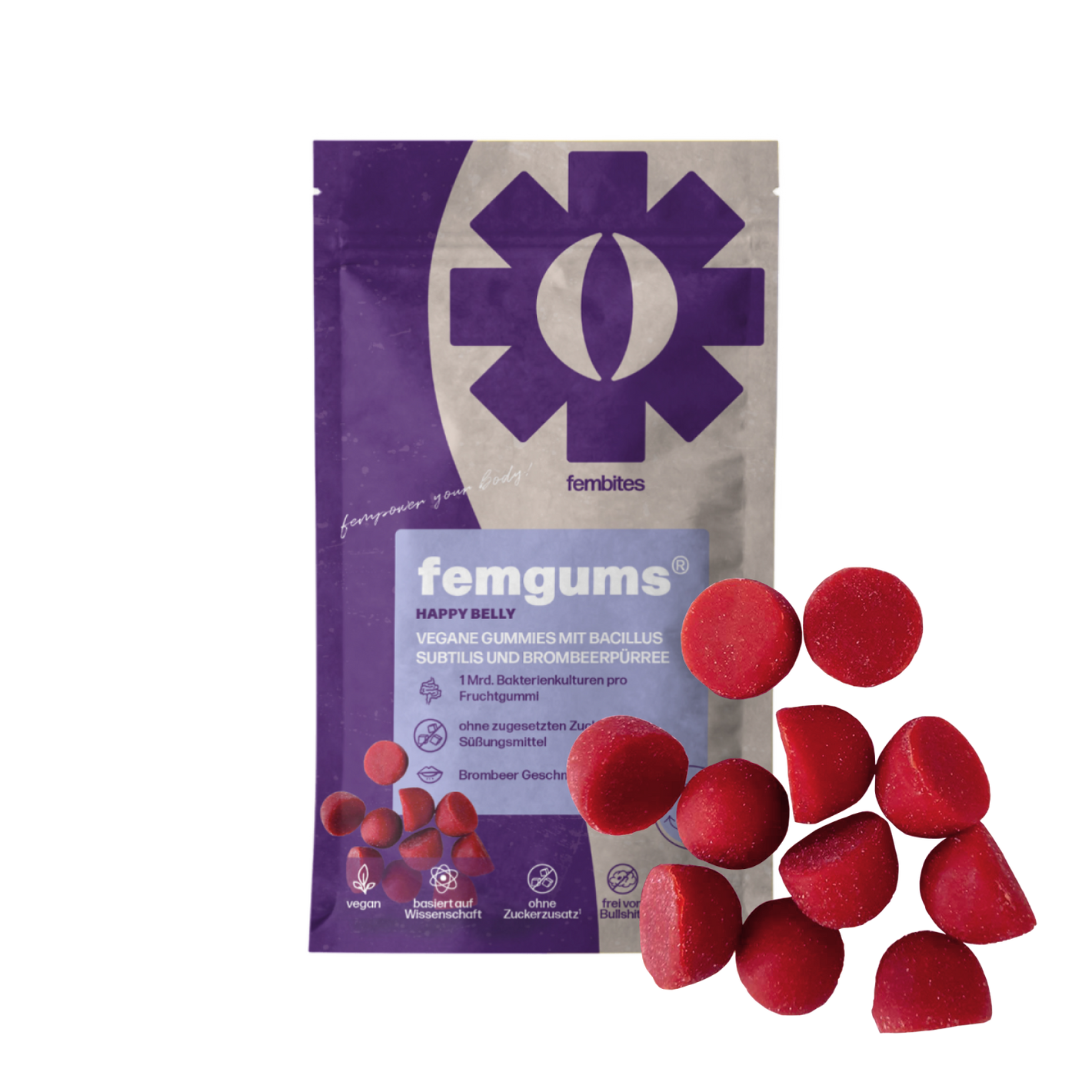 fembites femgums HAPPY BELLY Nahrungsergänzung Fruchtgummis vegan, ohne zugesetzten Zucker und mit Bakterienkulturen für die Darmflora 