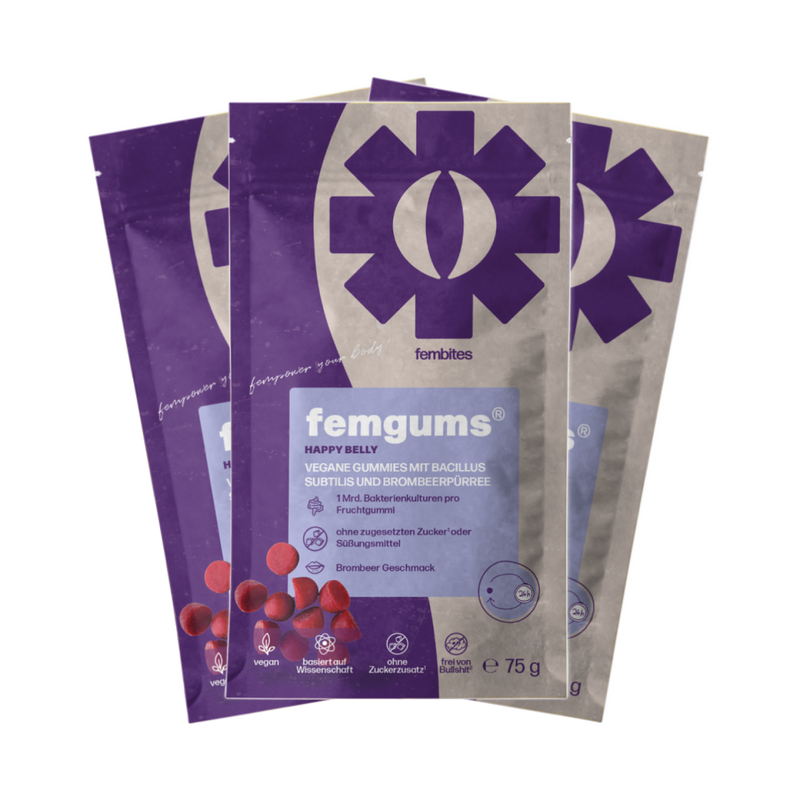 fembites femgums HAPPY BELLY Nahrungsergänzung Fruchtgummis vegan, ohne zugesetzten Zucker, mit Bakterienkulturen für die Darmflora
