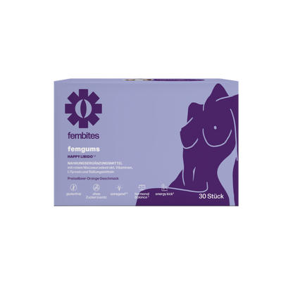 fembites femgums HAPPY LIBIDO Nahrungsergänzung für hormonelle Balance Libido mit Pflanzenextrakten, Aminosäuren, Vitamin B6 und Zink