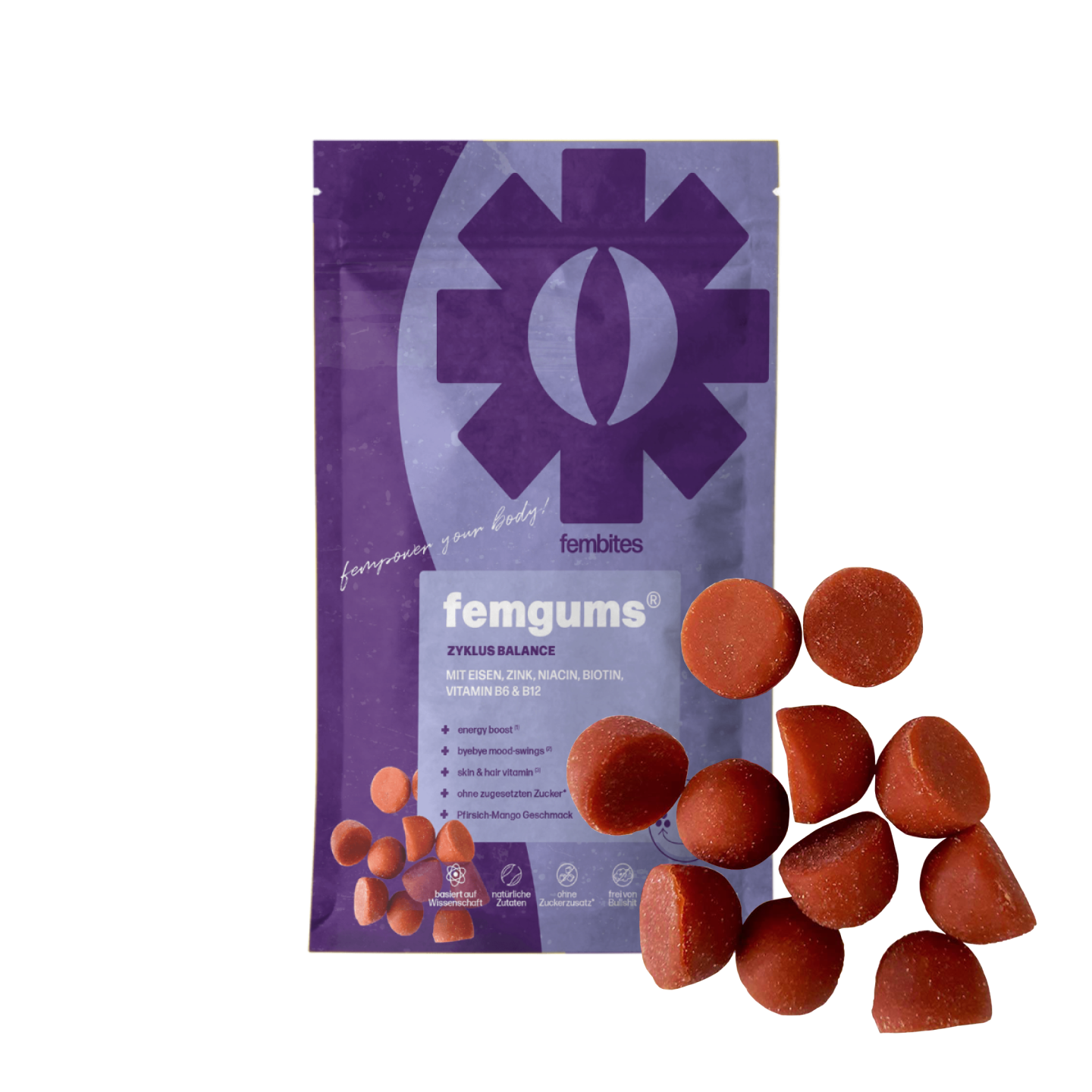 fembites femgums ZYKLUS BALANCE Nahrungsergänzung Fruchtgummis für hormonelle Balance mit Eisen, Zink, Niacin, Biotin, Vitamin B6 und B12