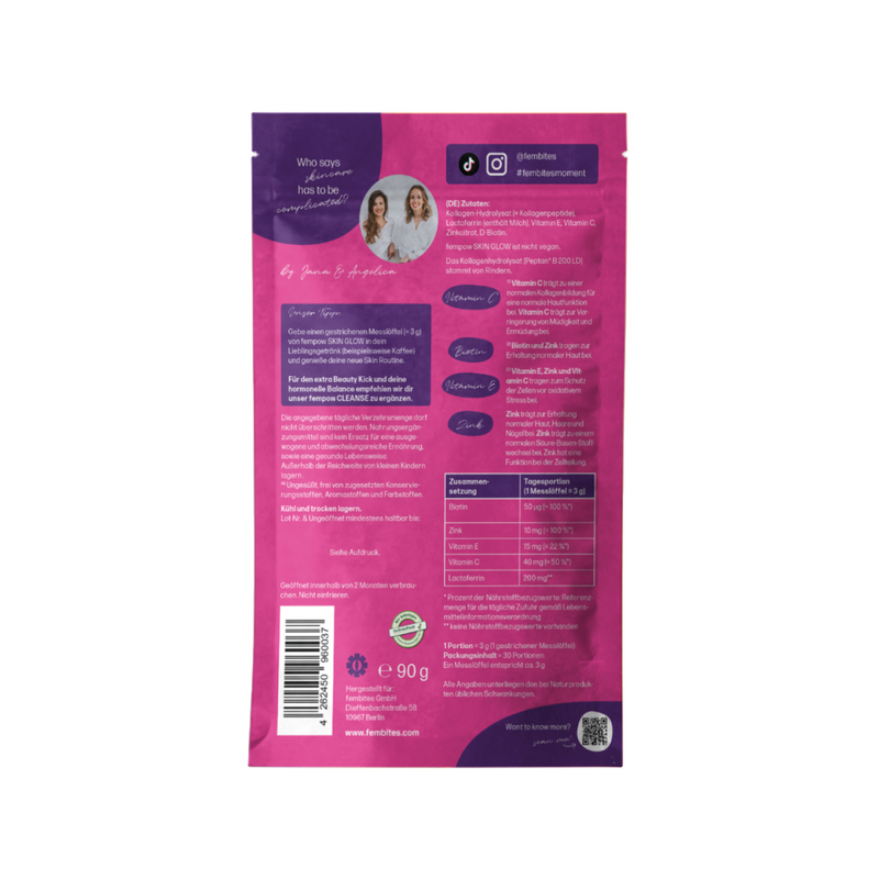 fembites fempow SKIN GLOW Nahrungsergänzungsmittel gegen Akne mit Kollagen und Lactoferrin Verpackung