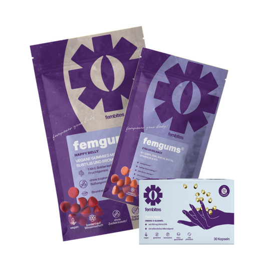 fembites Set DAILY MUST-HAVE femgums HAPPY BELLY, femgums ZYKLUS BALANCE, femcaps OMEGA 3 ALGENÖL
