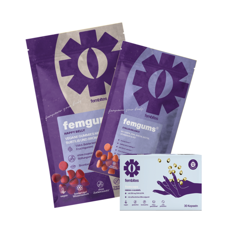 fembites Set DAILY MUST-HAVE femgums HAPPY BELLY, femgums ZYKLUS BALANCE, femcaps OMEGA 3 ALGENÖL