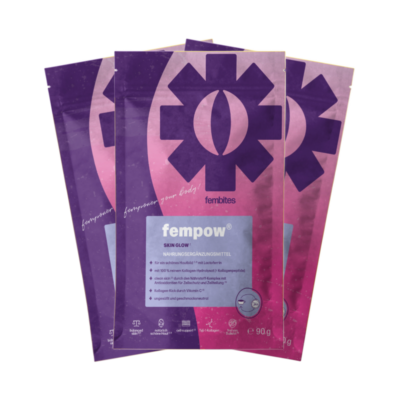 fembites fempow SKIN GLOW Nahrungsergänzungsmittel gegen Akne mit Kollagen und Lactoferrin Verpackung drei Monate