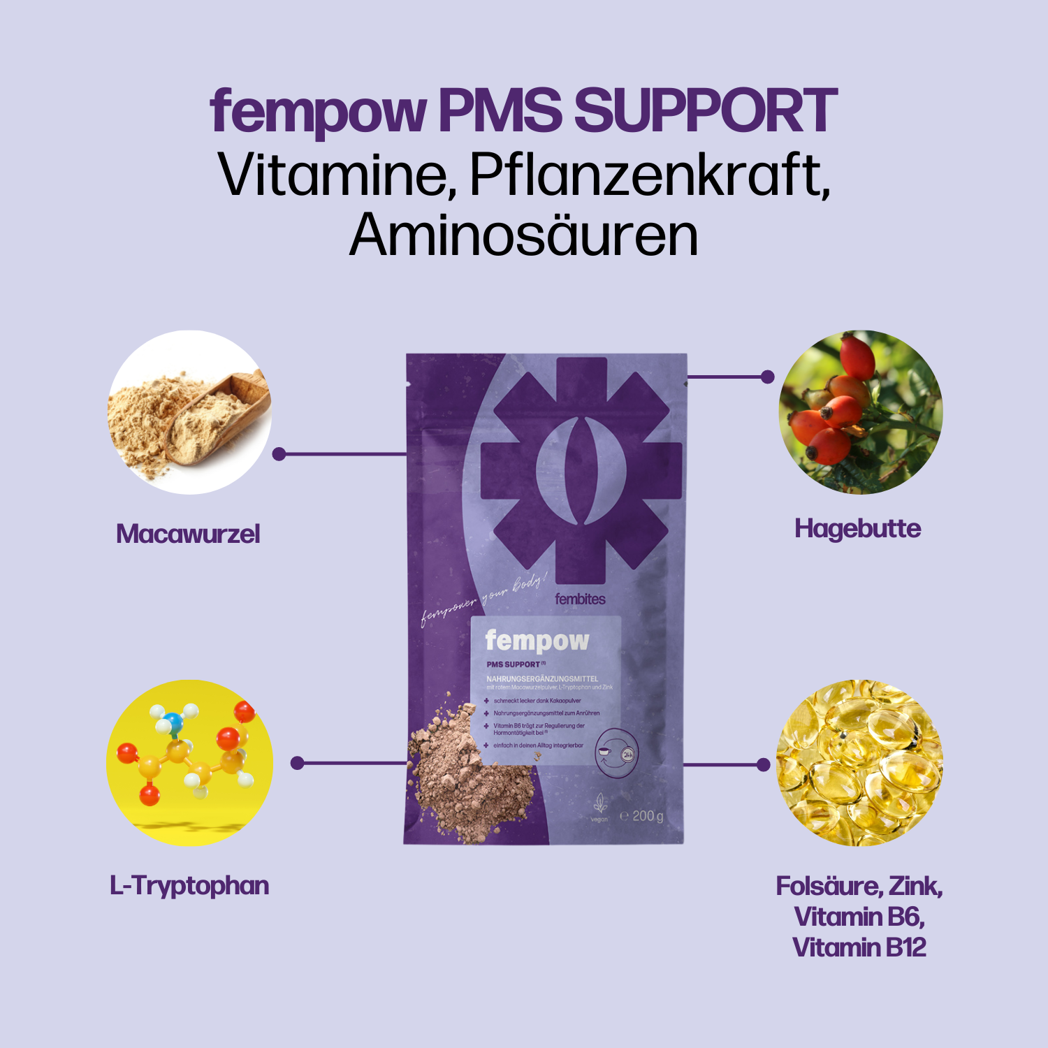fempow PMS SUPPORT mit vitaminen, pflanzenpulvern und aminosäuren