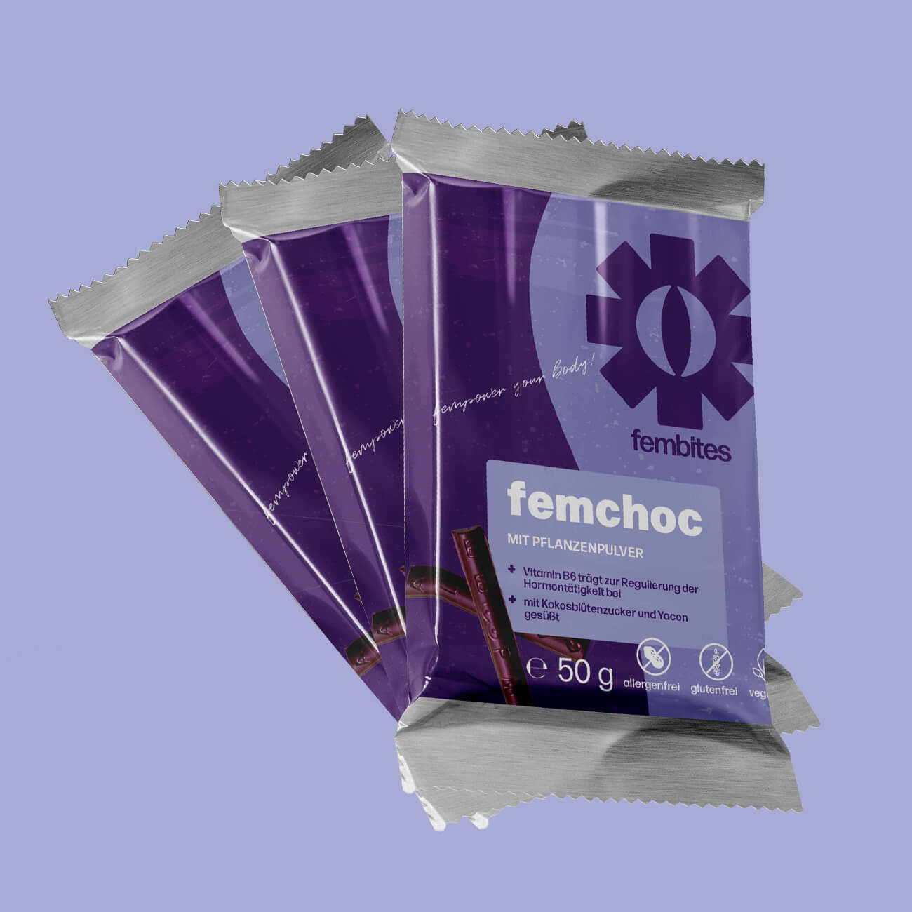femchoc vegane Schokolade mit Vitamin B6, Kokosblütenzucker und Himbeerpulver zur Hormonregulierung