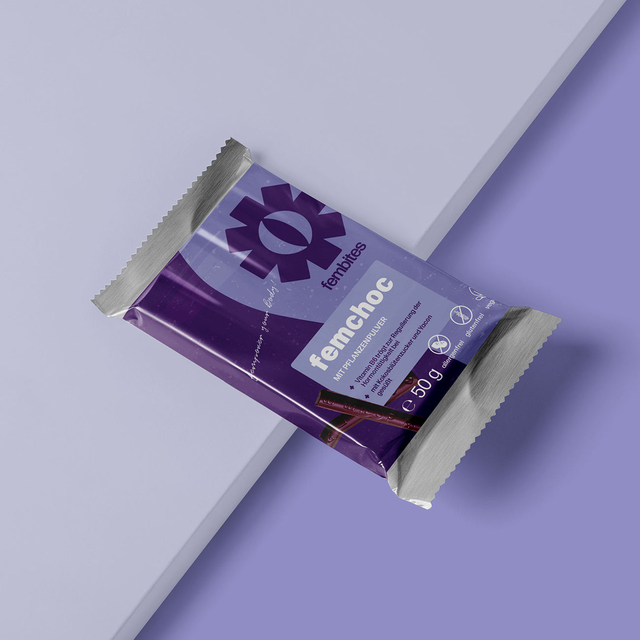 femchoc vegane Schokolade mit Vitamin B6, Kokosblütenzucker und Himbeerpulver zur Hormonregulierung
